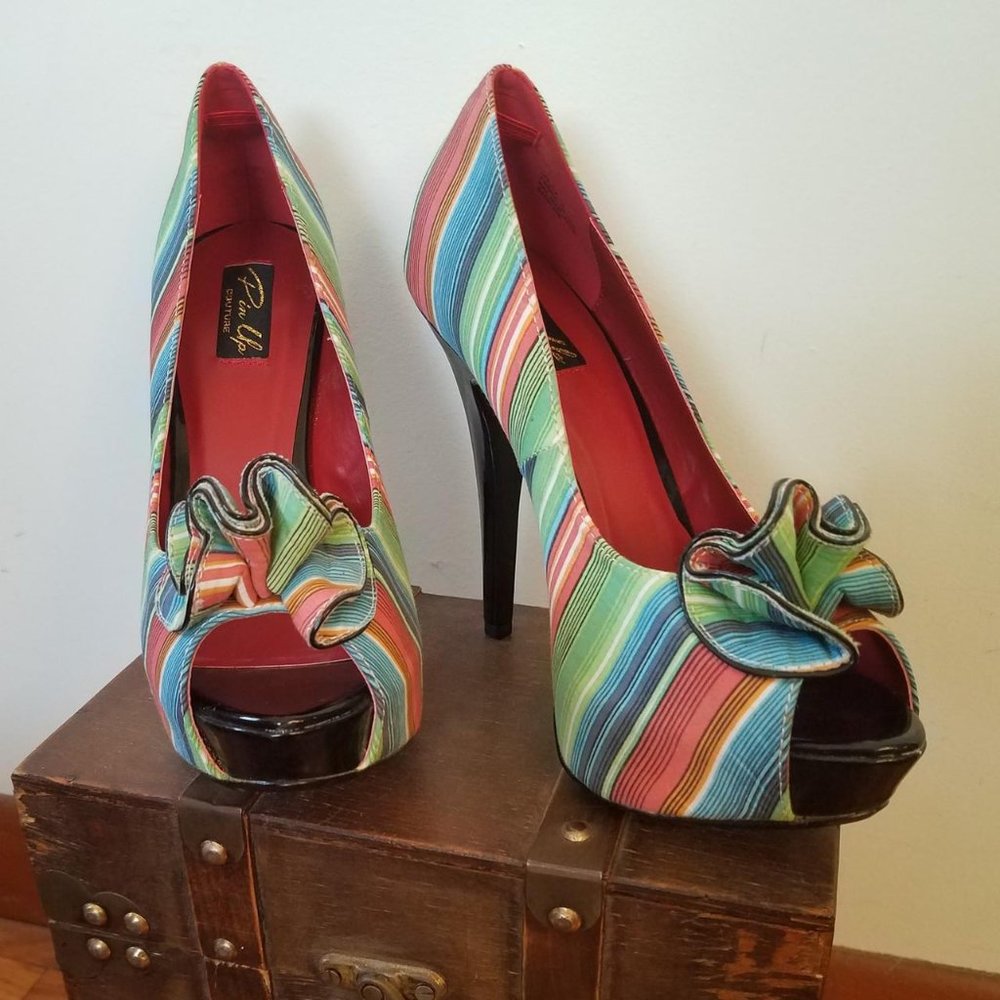 Pin Up Couture Heels Beautiful pastel stiletto striped ruffle peep toe color